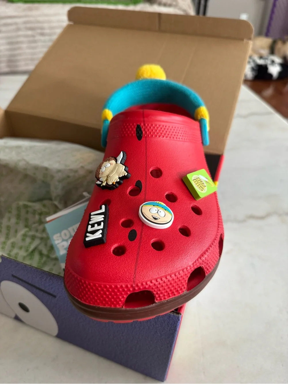 Men’s Red Clog Sandals with Teal Pom Strap